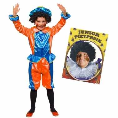 Set blauw oranje kids jr pietenpak pruik
