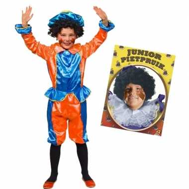 Set blauw oranje kids jr pietenpak pruik